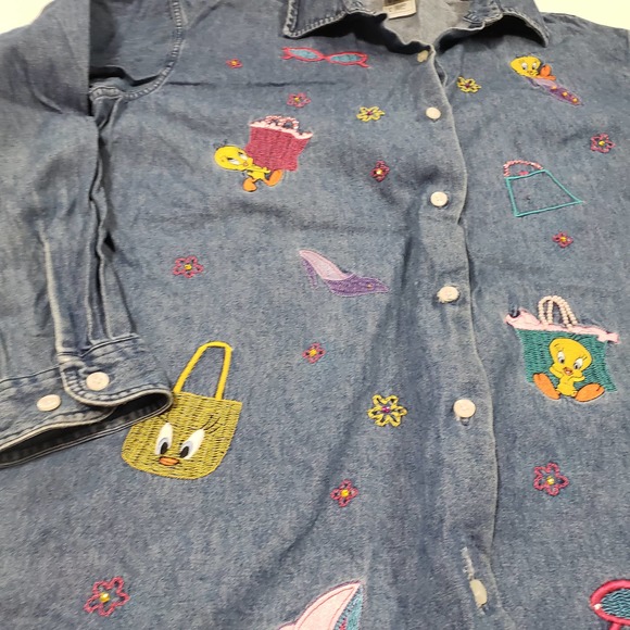 Warner Brothers Studio Denim Tweety Embroidered Button Down Large Shirt - Picture 2 of 9